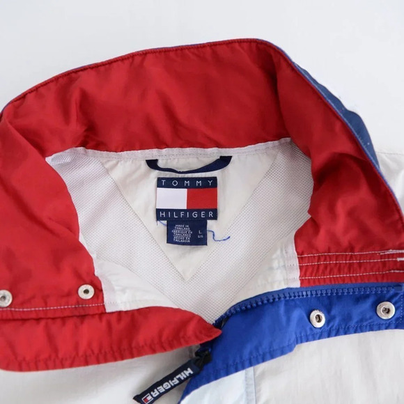 Vintage Y2K Tommy Hilfiger White Full Zip Windbreaker w Hidden Hood Size  Large - Picture 7 of 15